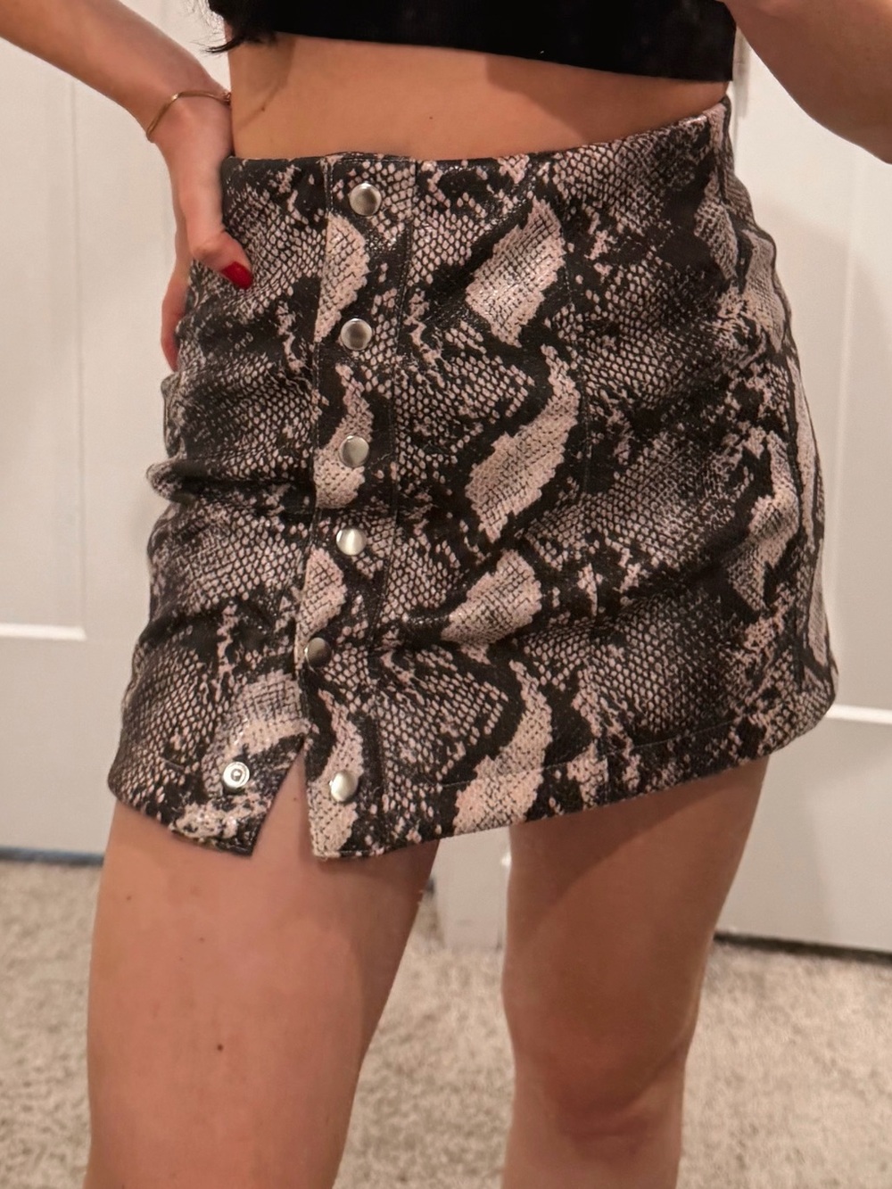 Urban Outfitters Taupe and Black Snake-Print Button Mini Skirt